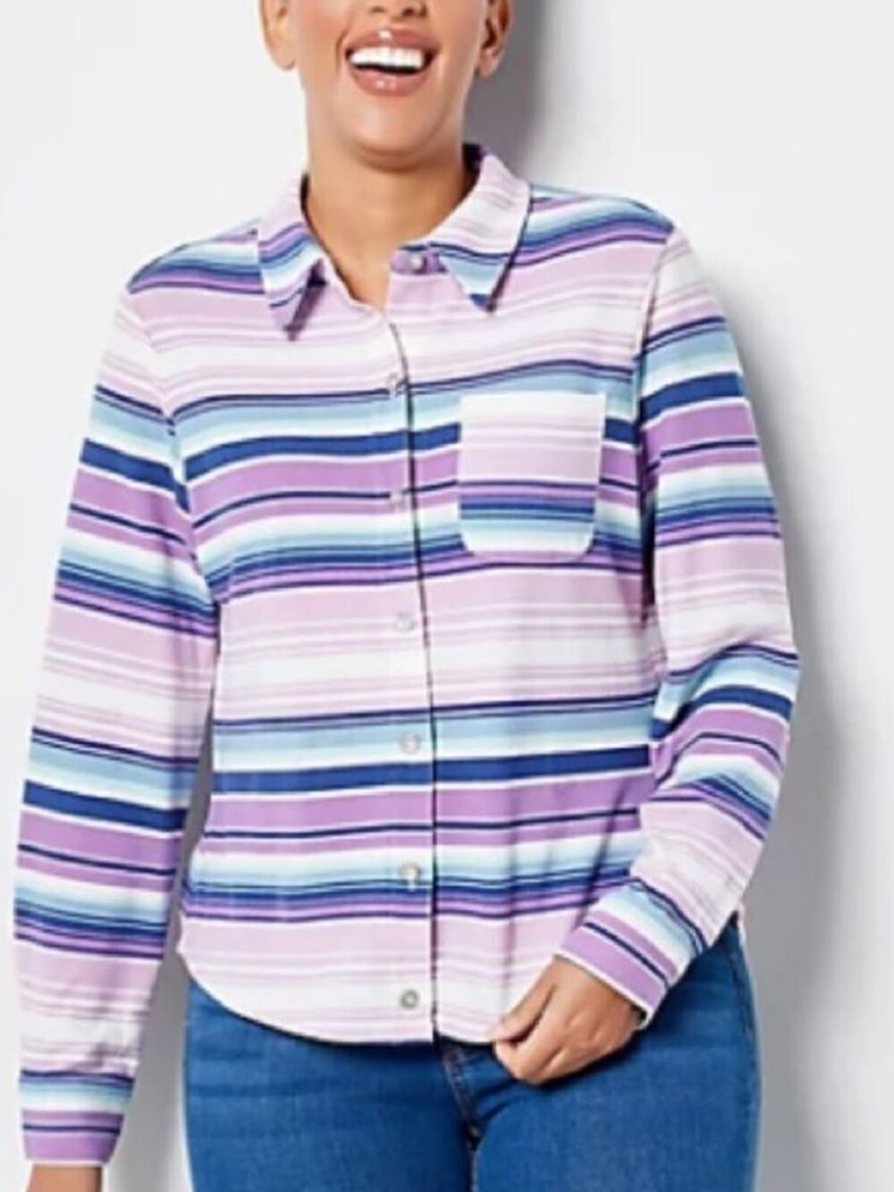 Denim & Co. Printed Heavenly Jersey Button Front Top